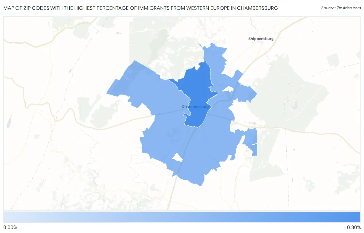 Zip Codes with the Highest Percentage of Immigrants from Western Europe in Chambersburg Map