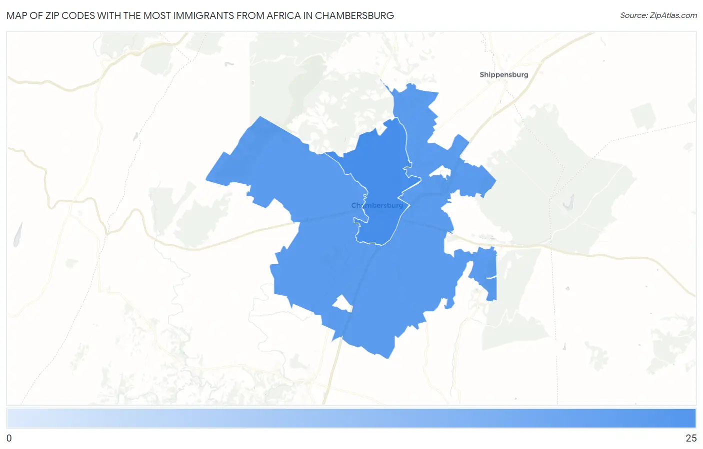 Zip Codes with the Most Immigrants from Africa in Chambersburg Map