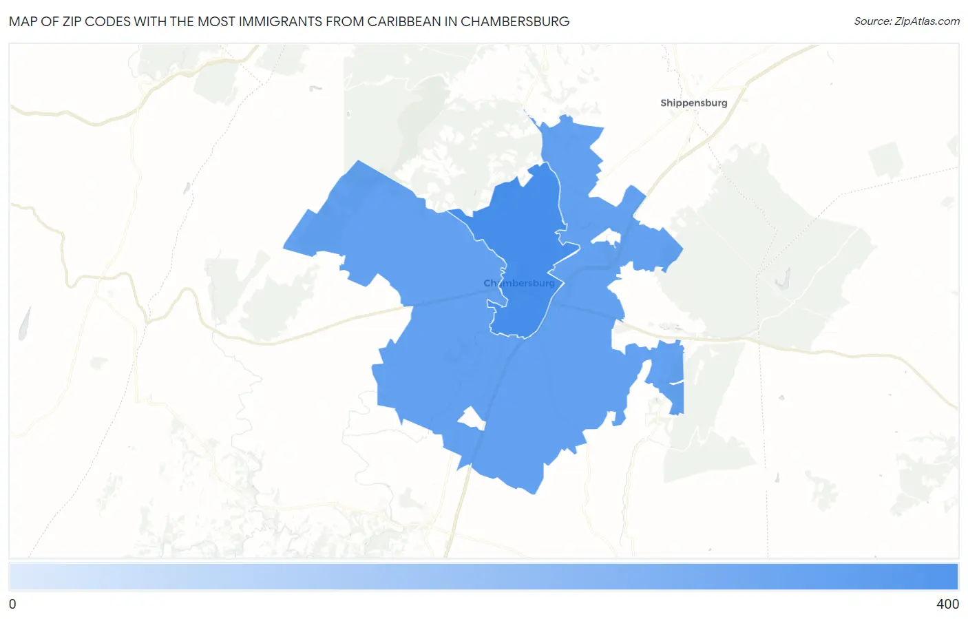 Zip Codes with the Most Immigrants from Caribbean in Chambersburg Map