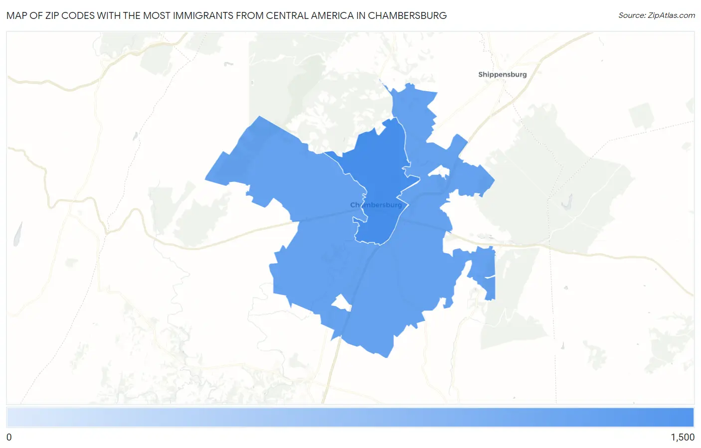 Zip Codes with the Most Immigrants from Central America in Chambersburg Map