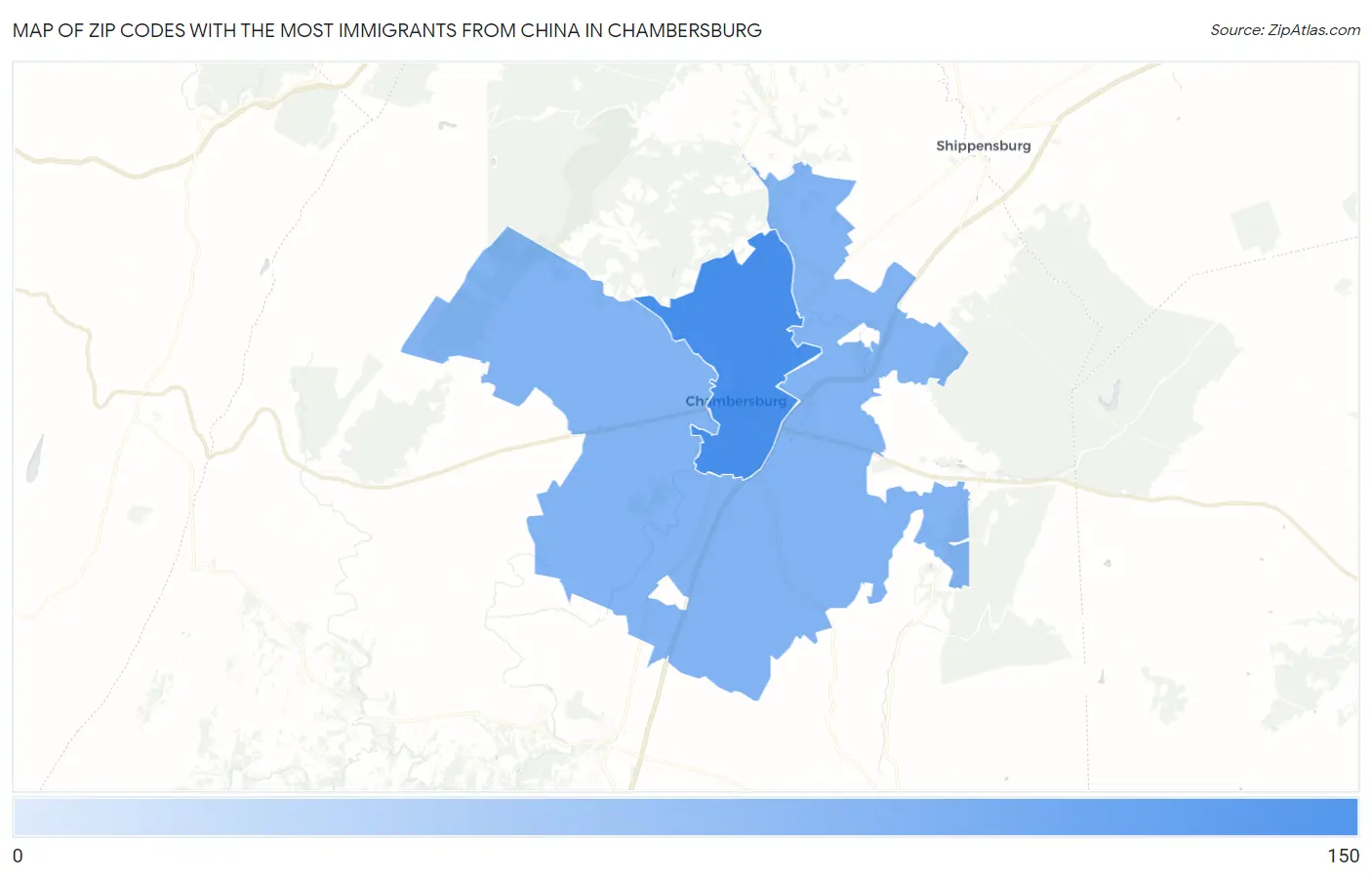 Zip Codes with the Most Immigrants from China in Chambersburg Map