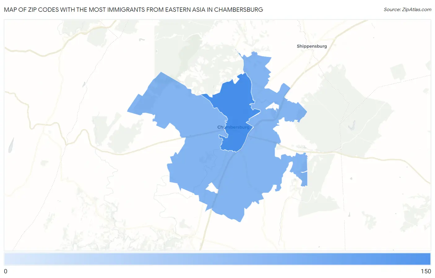 Zip Codes with the Most Immigrants from Eastern Asia in Chambersburg Map