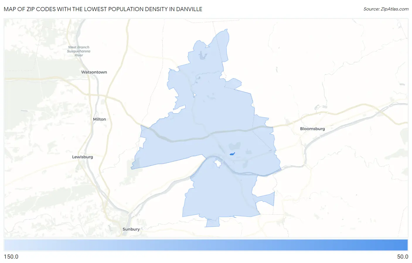 Zip Codes with the Lowest Population Density in Danville Map