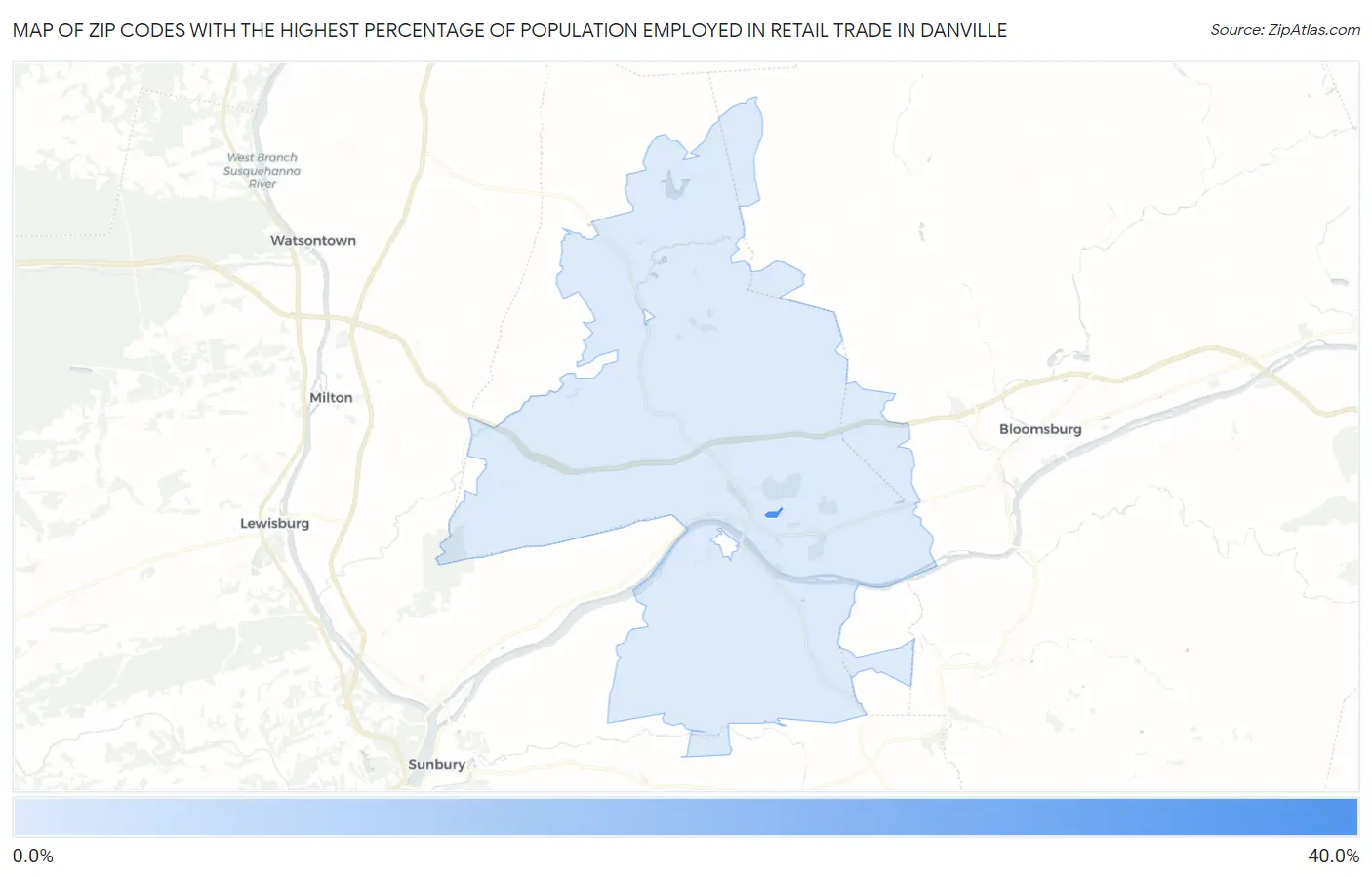 Zip Codes with the Highest Percentage of Population Employed in Retail Trade in Danville Map