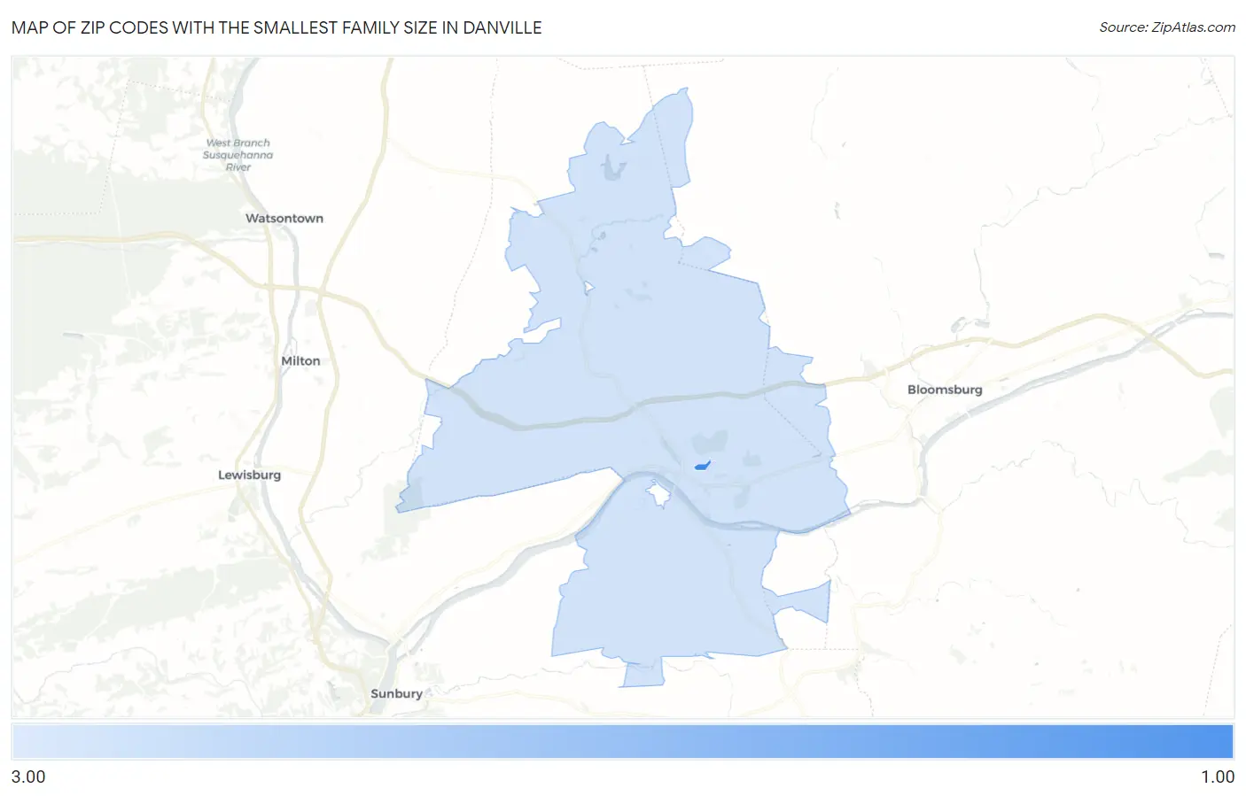 Zip Codes with the Smallest Family Size in Danville Map