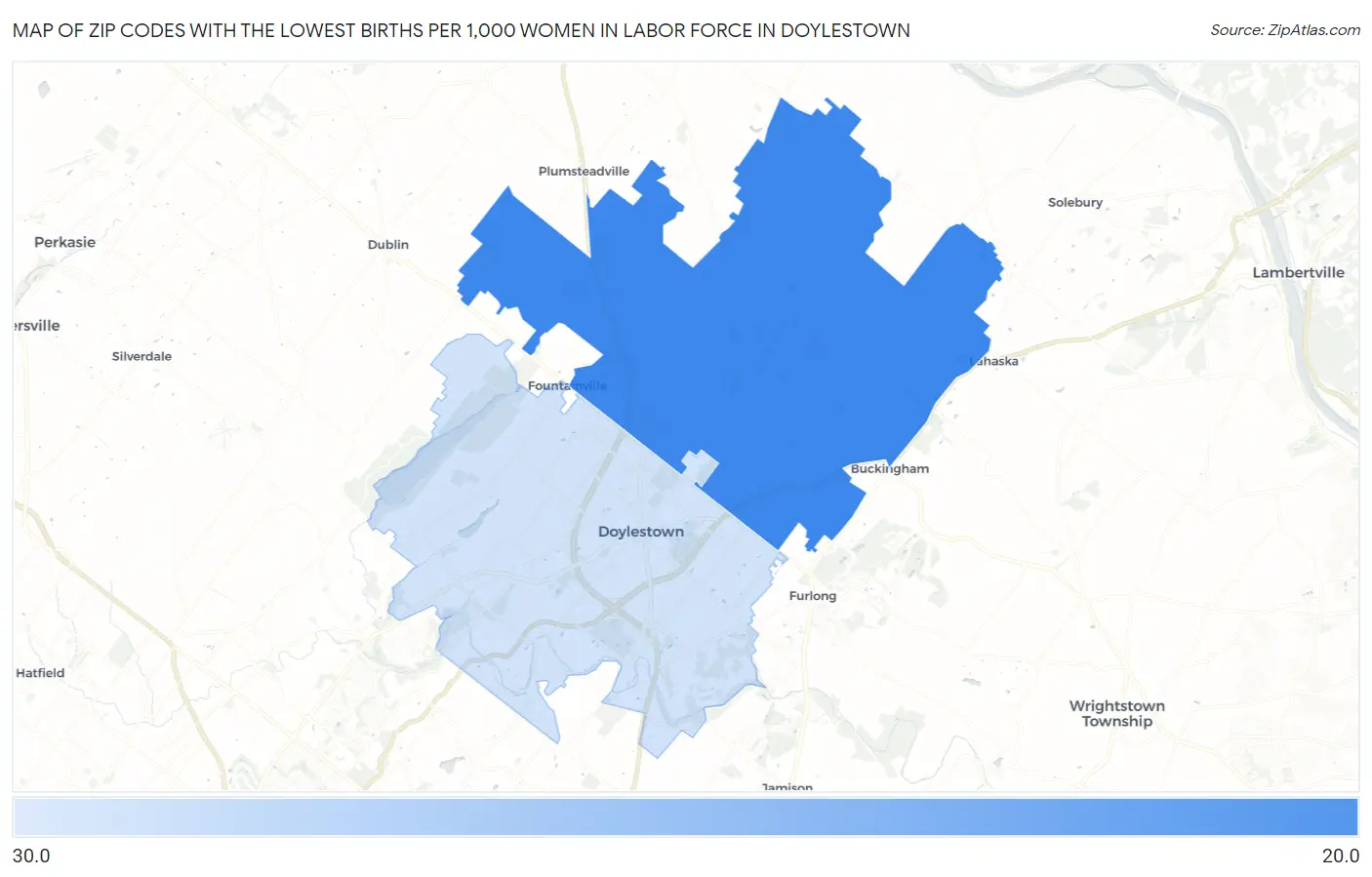 Zip Codes with the Lowest Births per 1,000 Women in Labor Force in Doylestown Map