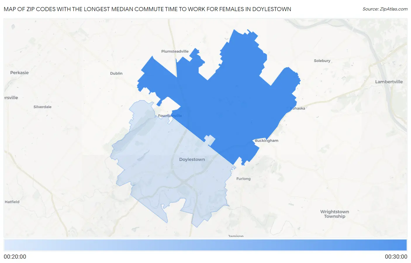 Zip Codes with the Longest Median Commute Time to Work for Females in Doylestown Map