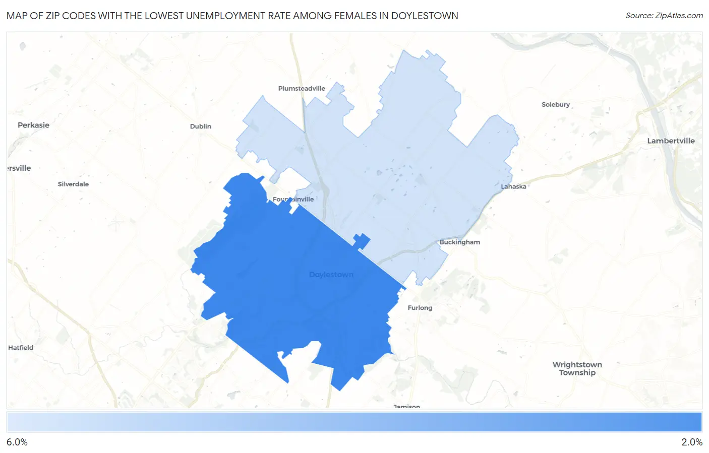 Zip Codes with the Lowest Unemployment Rate Among Females in Doylestown Map