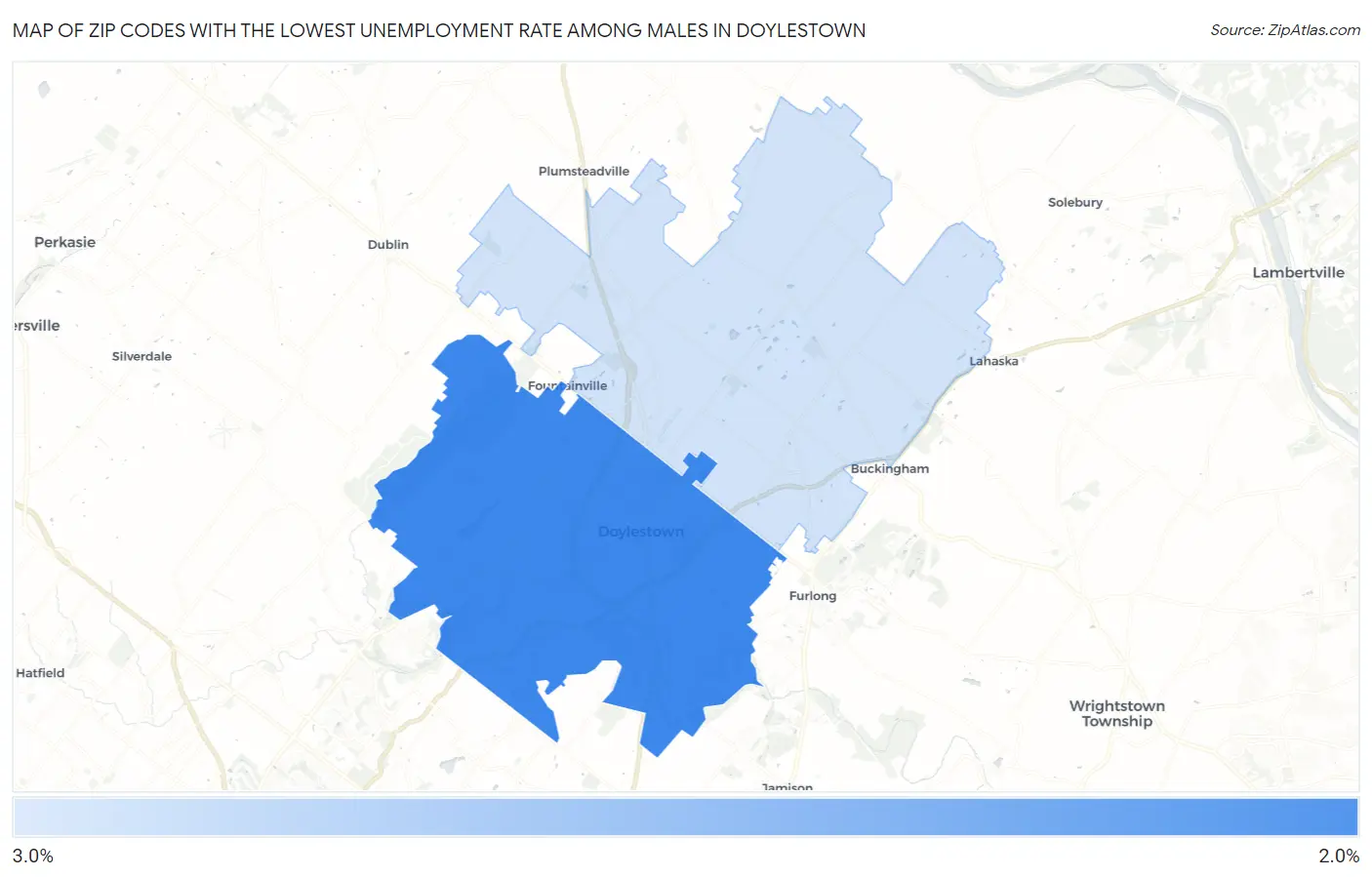 Zip Codes with the Lowest Unemployment Rate Among Males in Doylestown Map