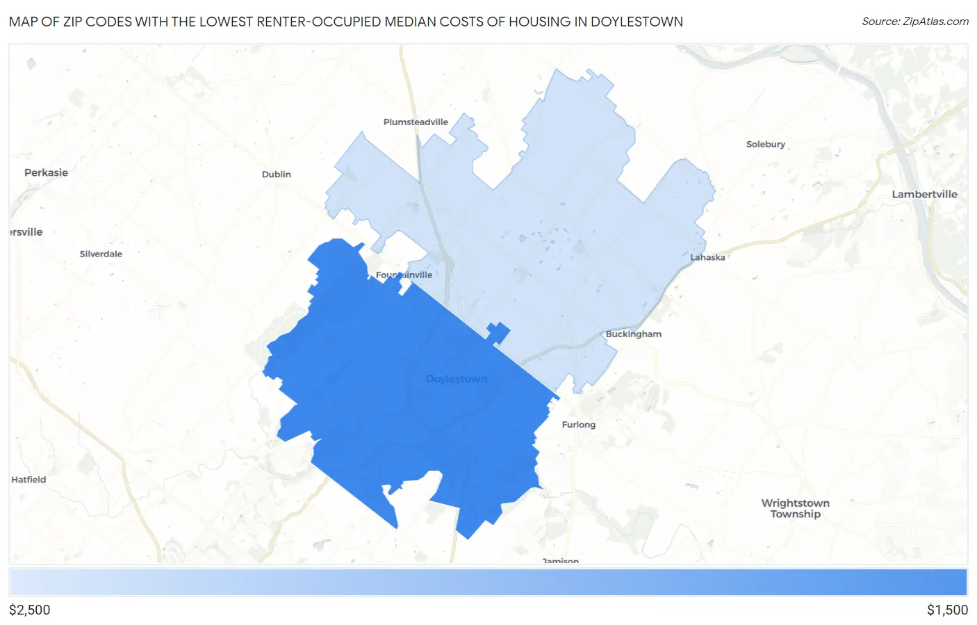 Zip Codes with the Lowest Renter-Occupied Median Costs of Housing in Doylestown Map