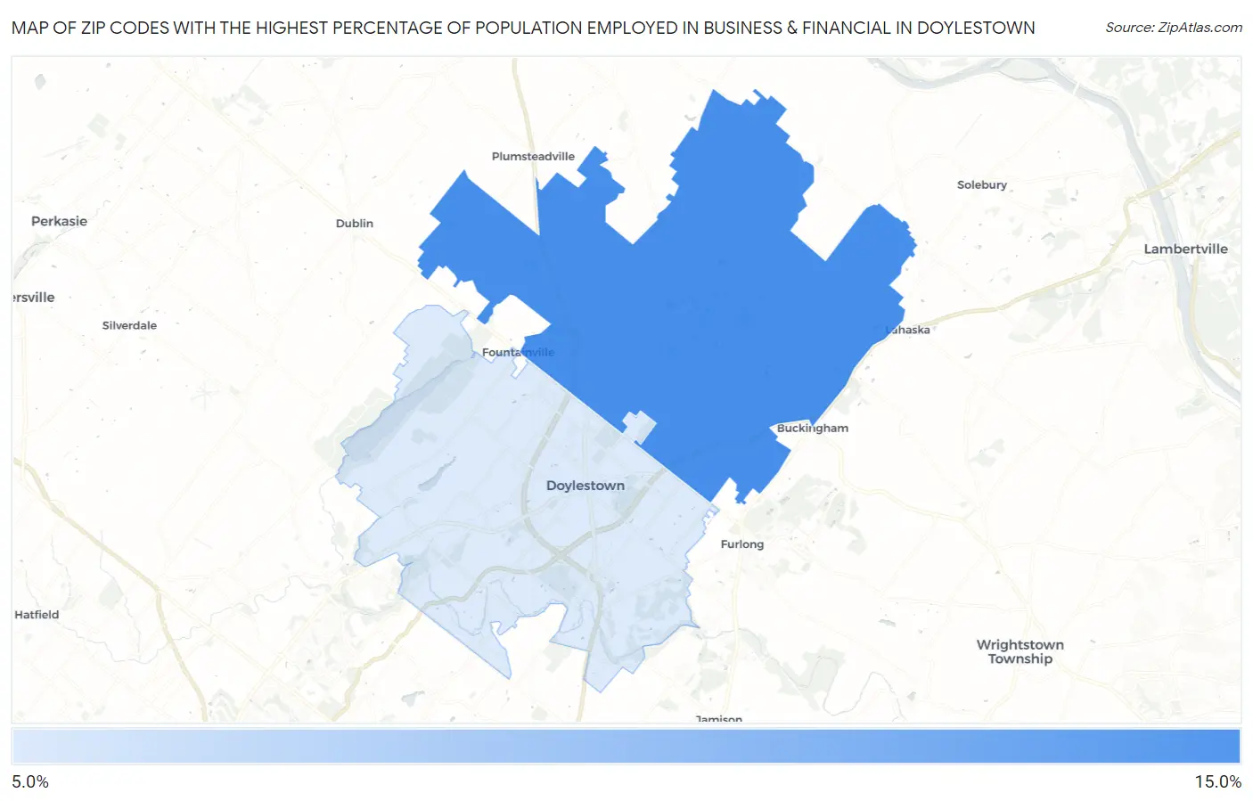Zip Codes with the Highest Percentage of Population Employed in Business & Financial in Doylestown Map