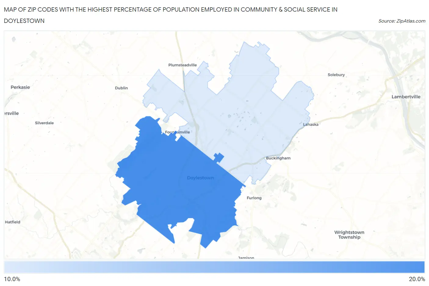 Zip Codes with the Highest Percentage of Population Employed in Community & Social Service  in Doylestown Map