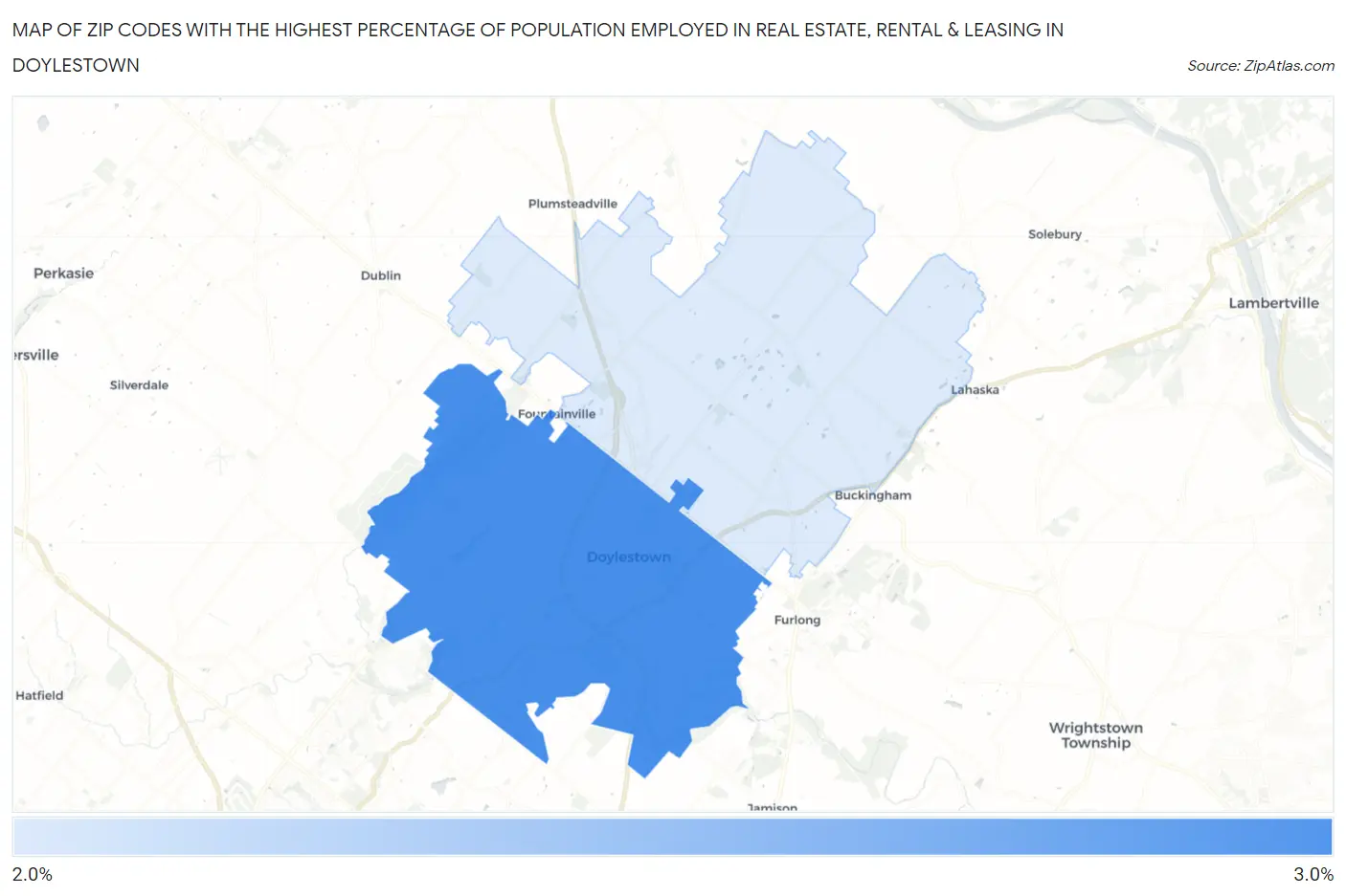 Zip Codes with the Highest Percentage of Population Employed in Real Estate, Rental & Leasing in Doylestown Map