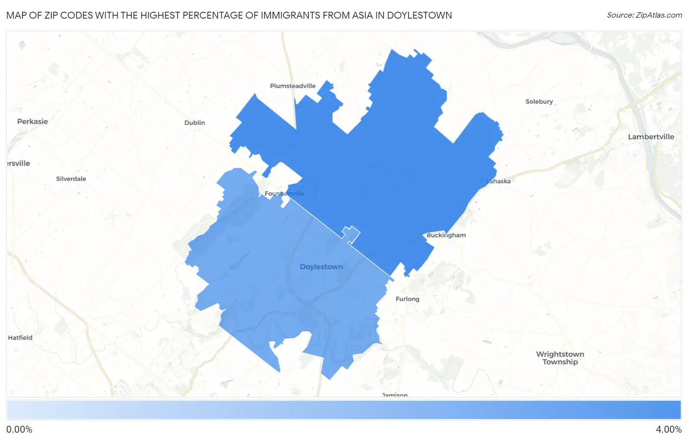 Zip Codes with the Highest Percentage of Immigrants from Asia in Doylestown Map