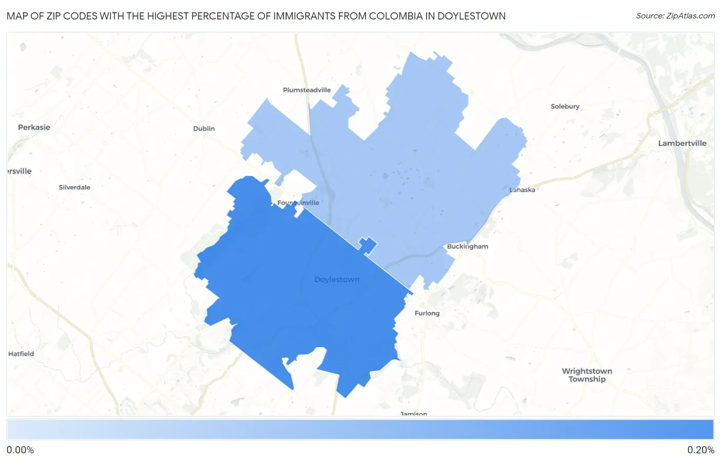 Zip Codes with the Highest Percentage of Immigrants from Colombia in Doylestown Map