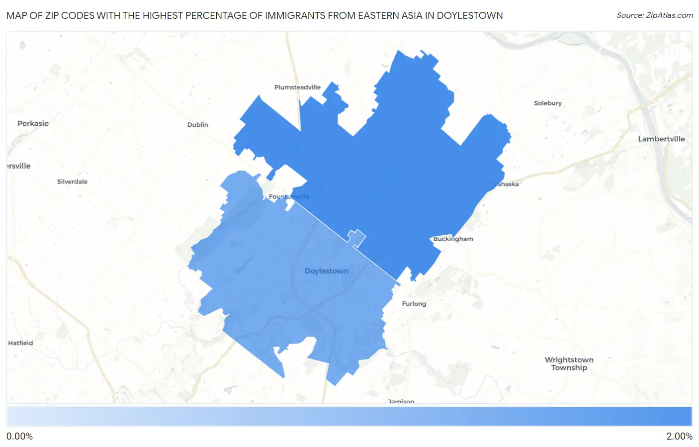 Zip Codes with the Highest Percentage of Immigrants from Eastern Asia in Doylestown Map
