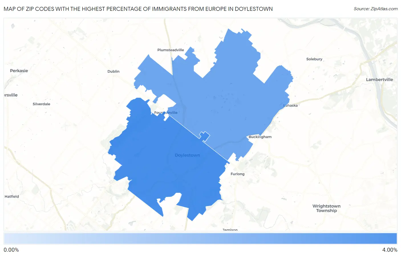 Zip Codes with the Highest Percentage of Immigrants from Europe in Doylestown Map