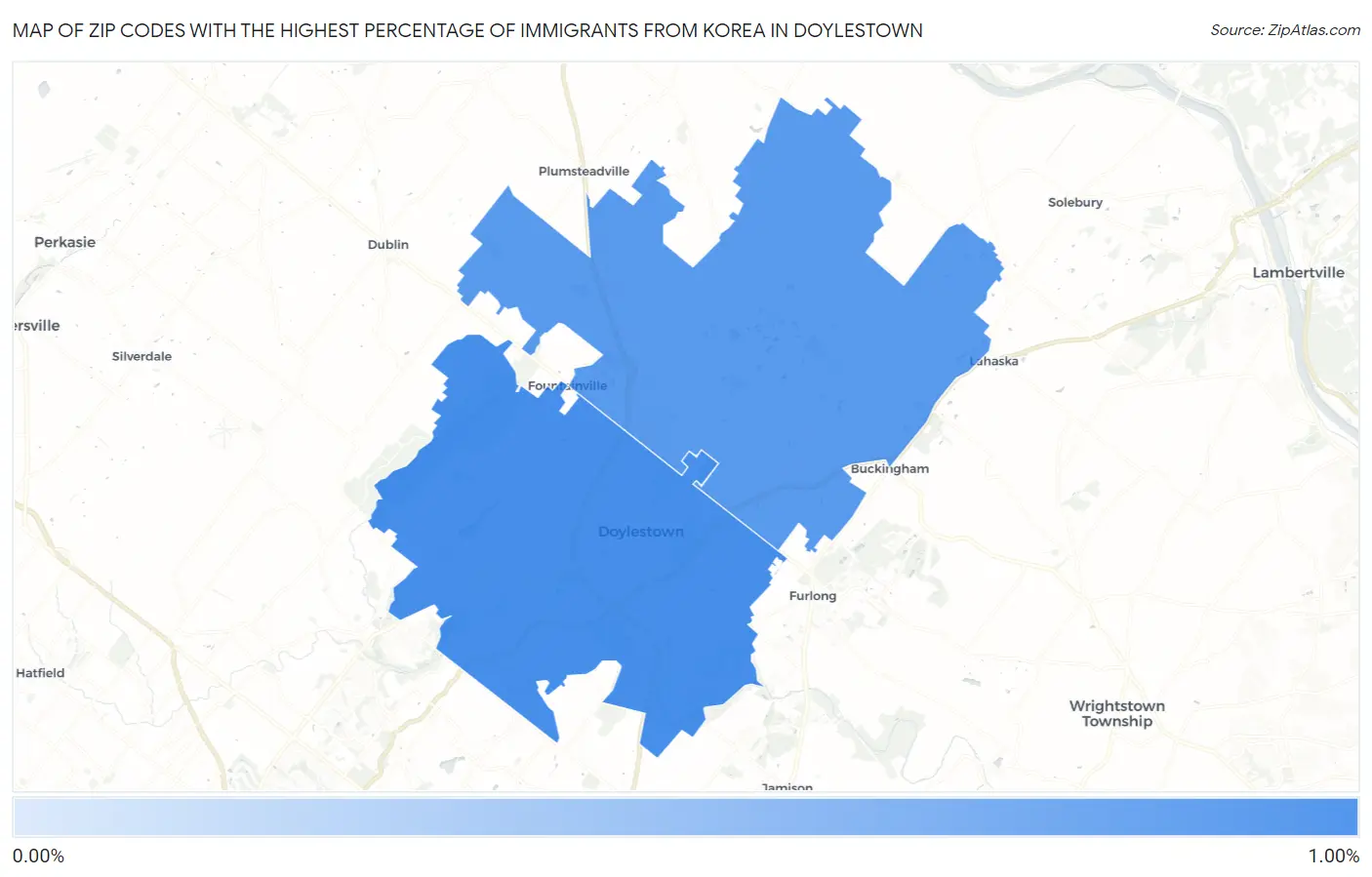 Zip Codes with the Highest Percentage of Immigrants from Korea in Doylestown Map