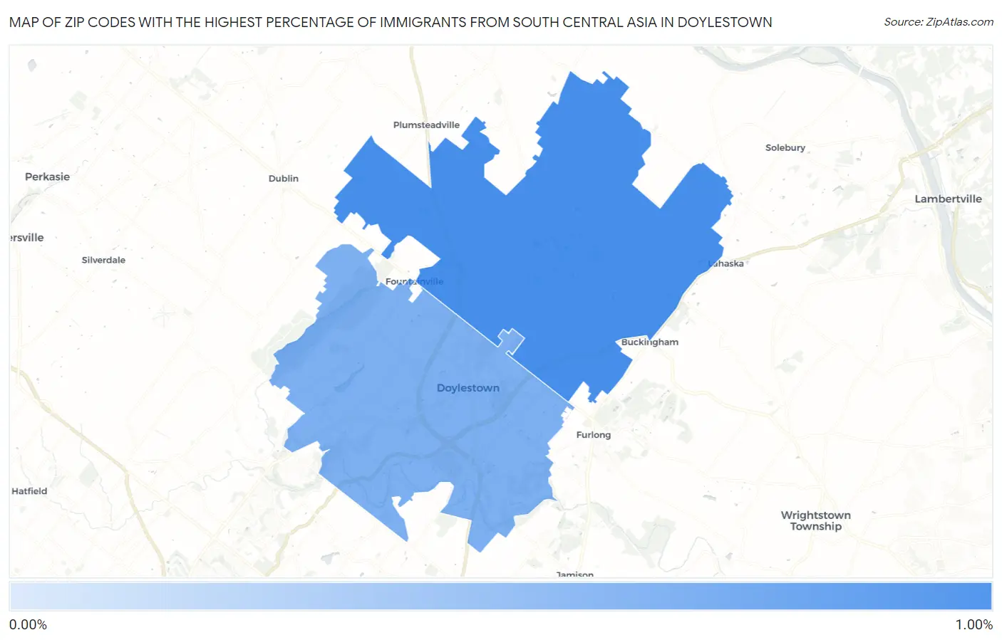 Zip Codes with the Highest Percentage of Immigrants from South Central Asia in Doylestown Map