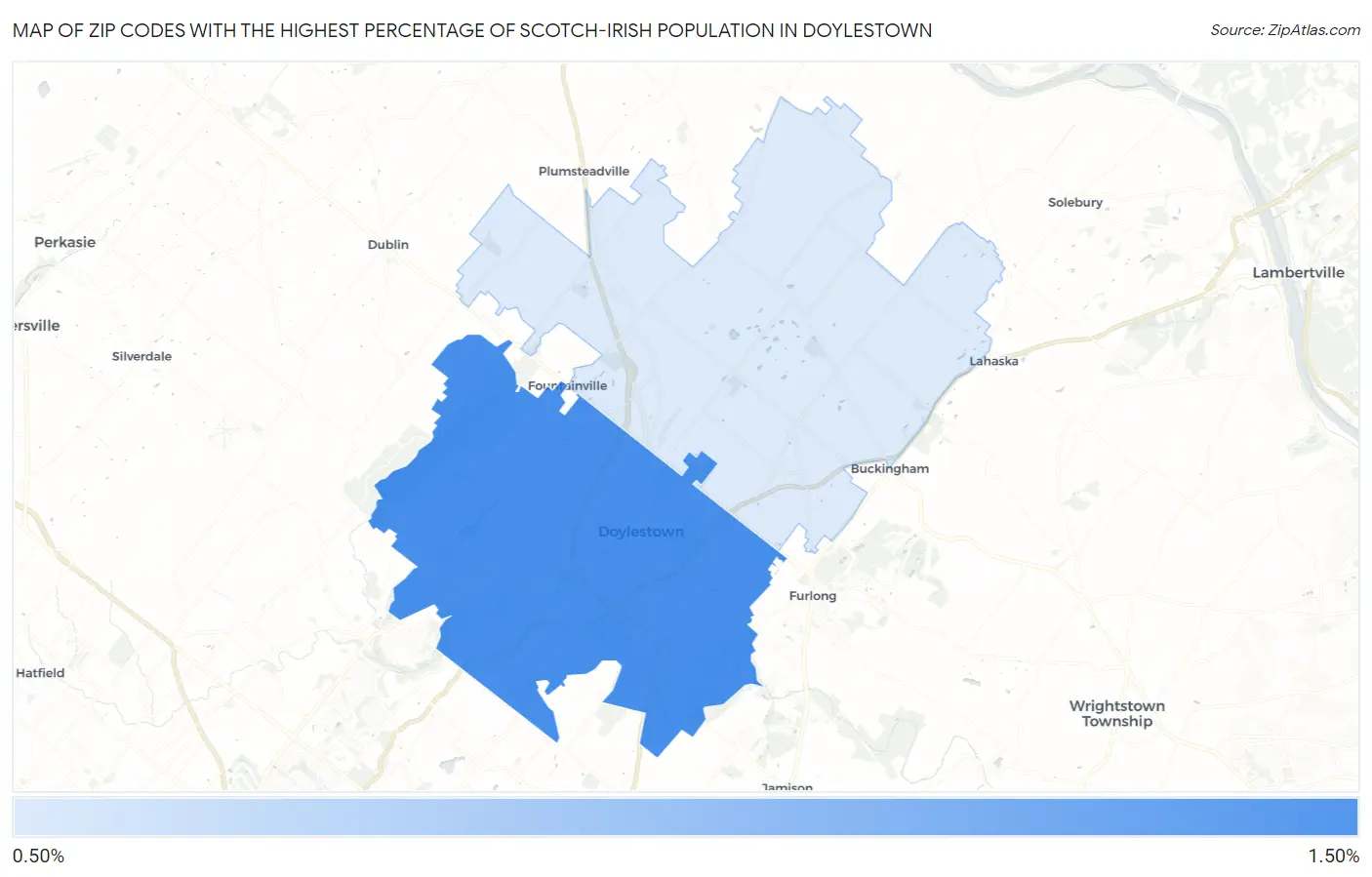 Zip Codes with the Highest Percentage of Scotch-Irish Population in Doylestown Map