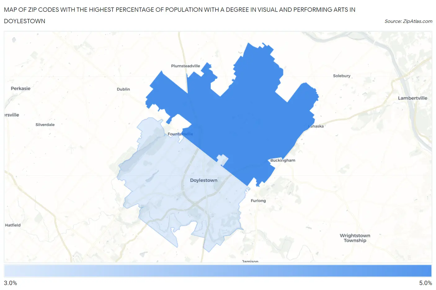 Zip Codes with the Highest Percentage of Population with a Degree in Visual and Performing Arts in Doylestown Map