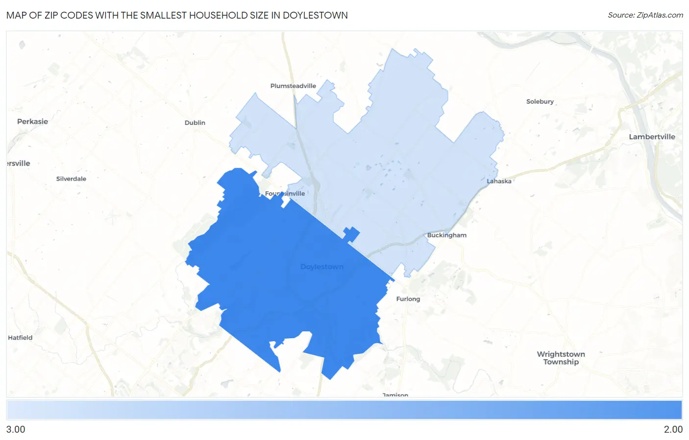 Zip Codes with the Smallest Household Size in Doylestown Map