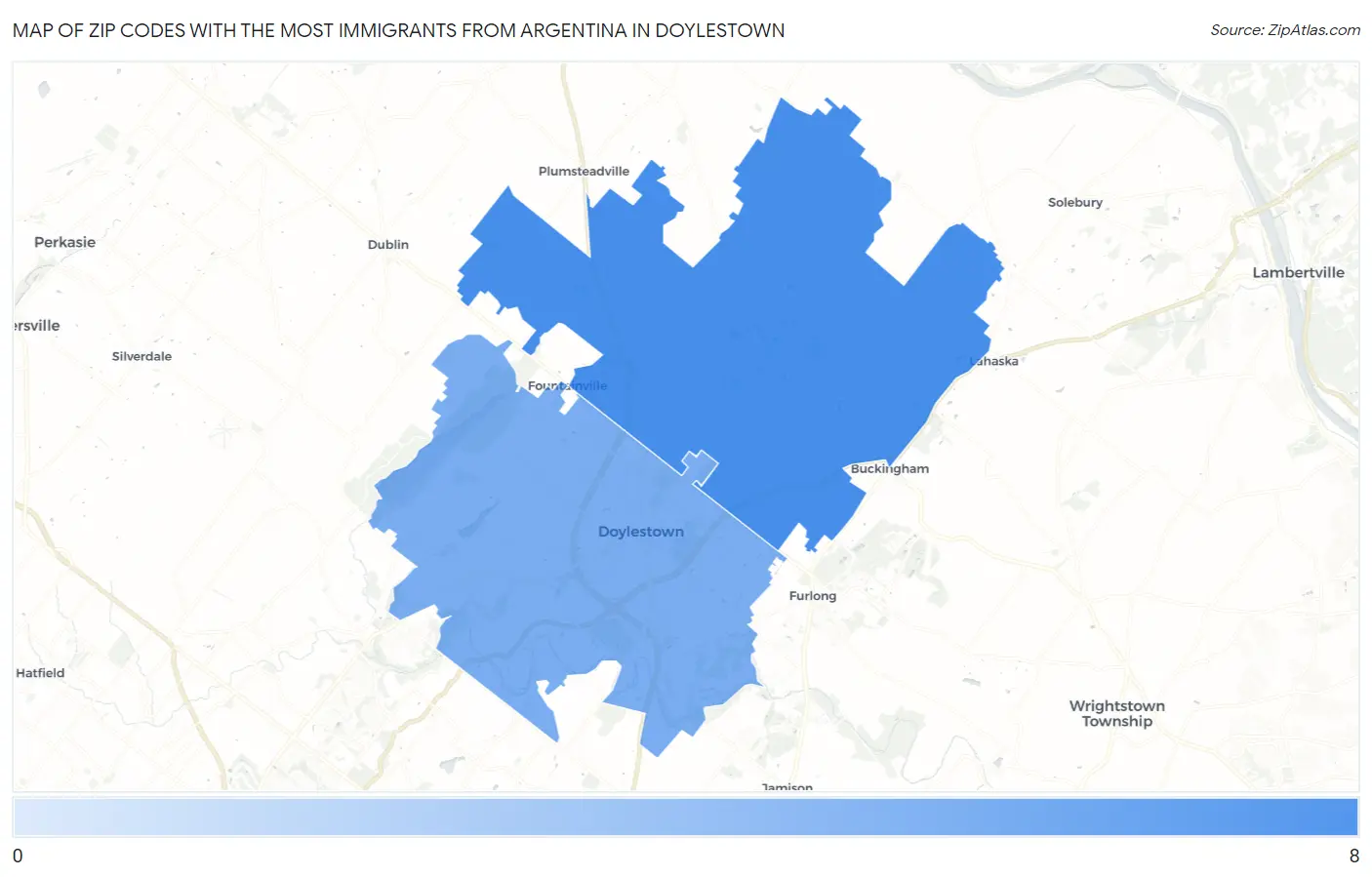 Zip Codes with the Most Immigrants from Argentina in Doylestown Map