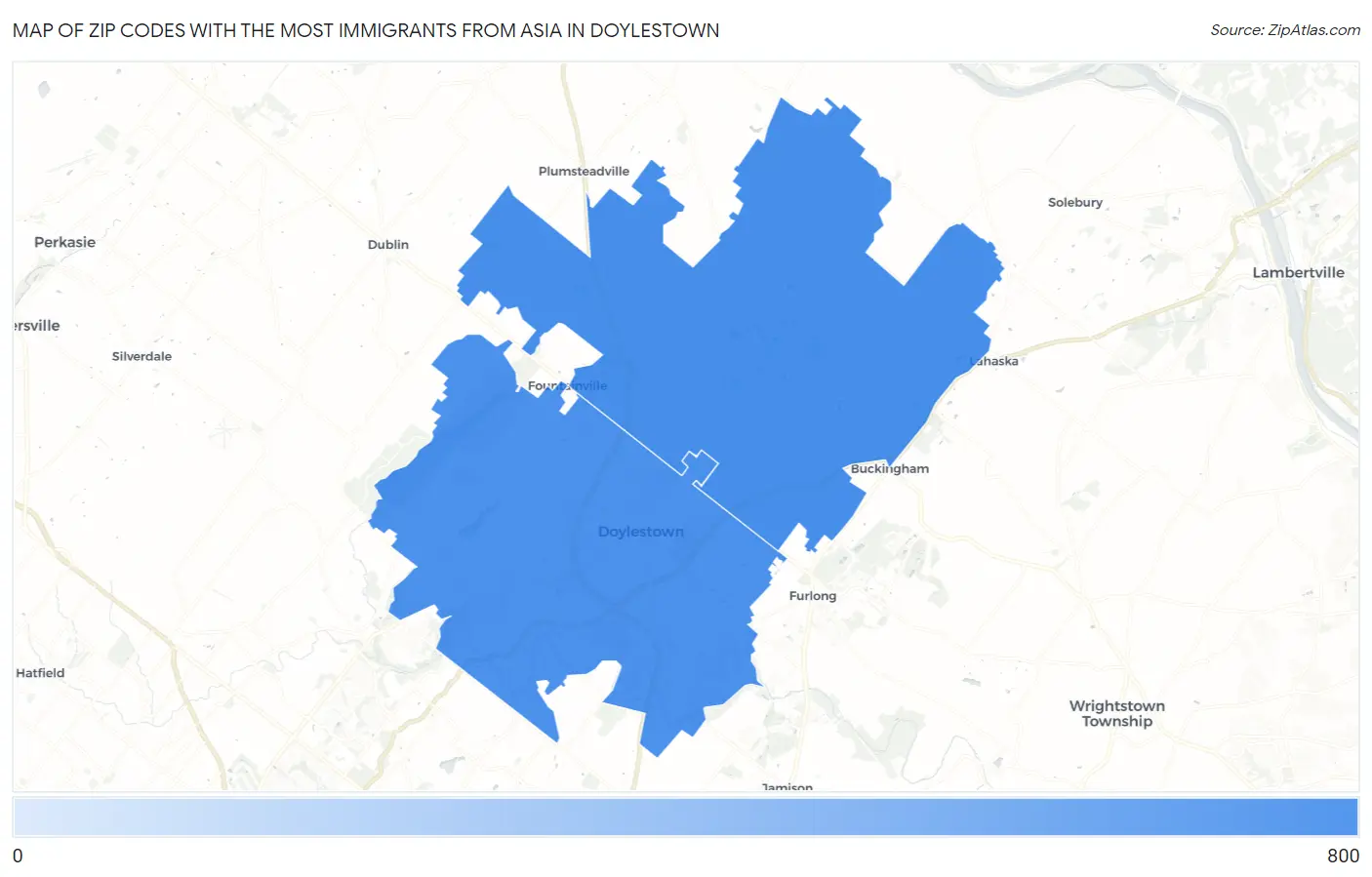 Zip Codes with the Most Immigrants from Asia in Doylestown Map