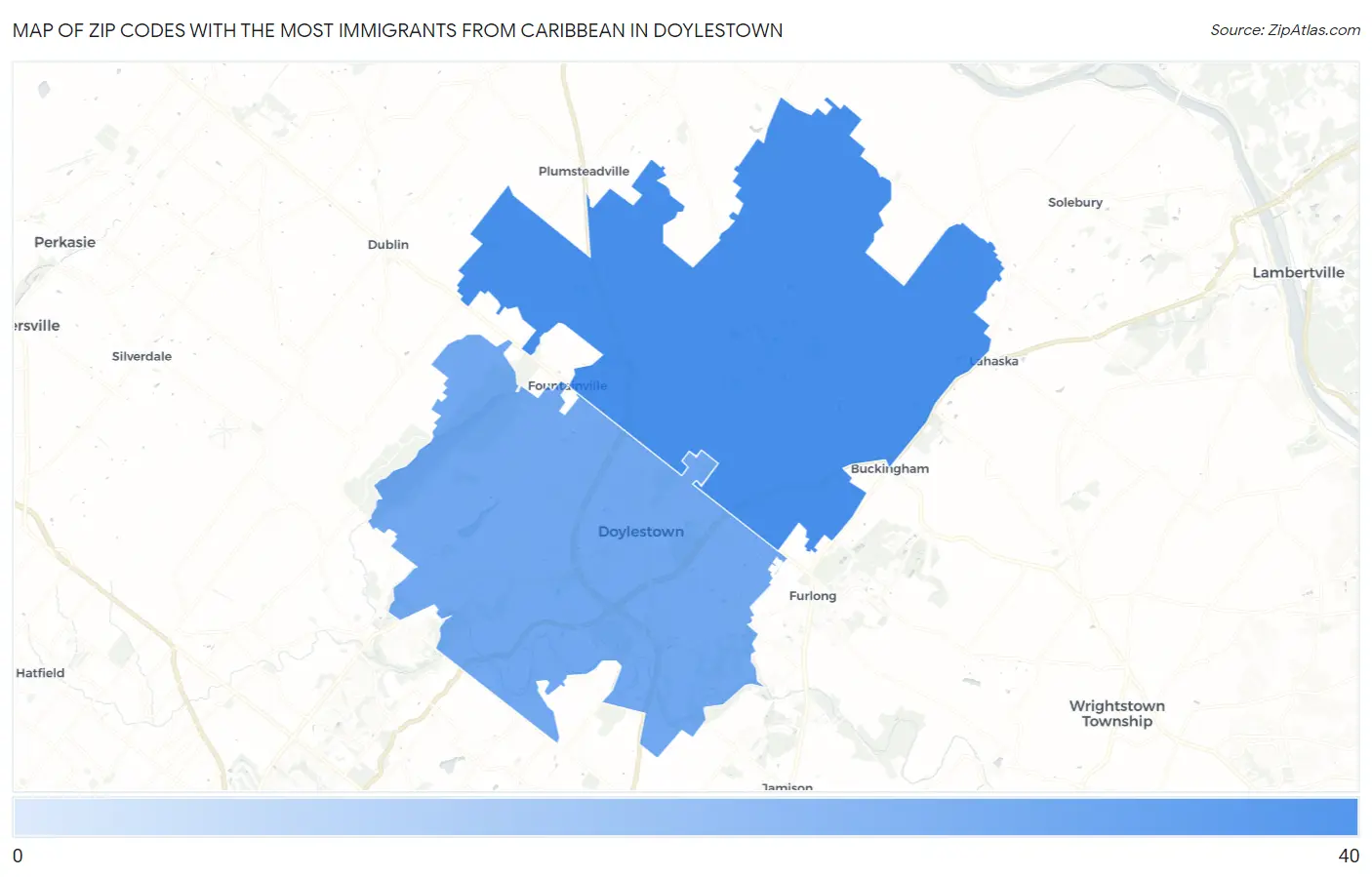 Zip Codes with the Most Immigrants from Caribbean in Doylestown Map