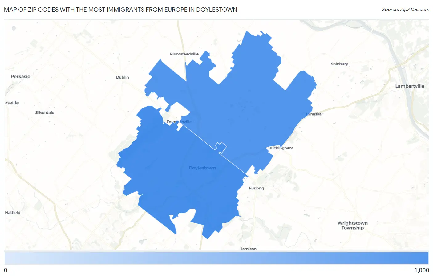 Zip Codes with the Most Immigrants from Europe in Doylestown Map