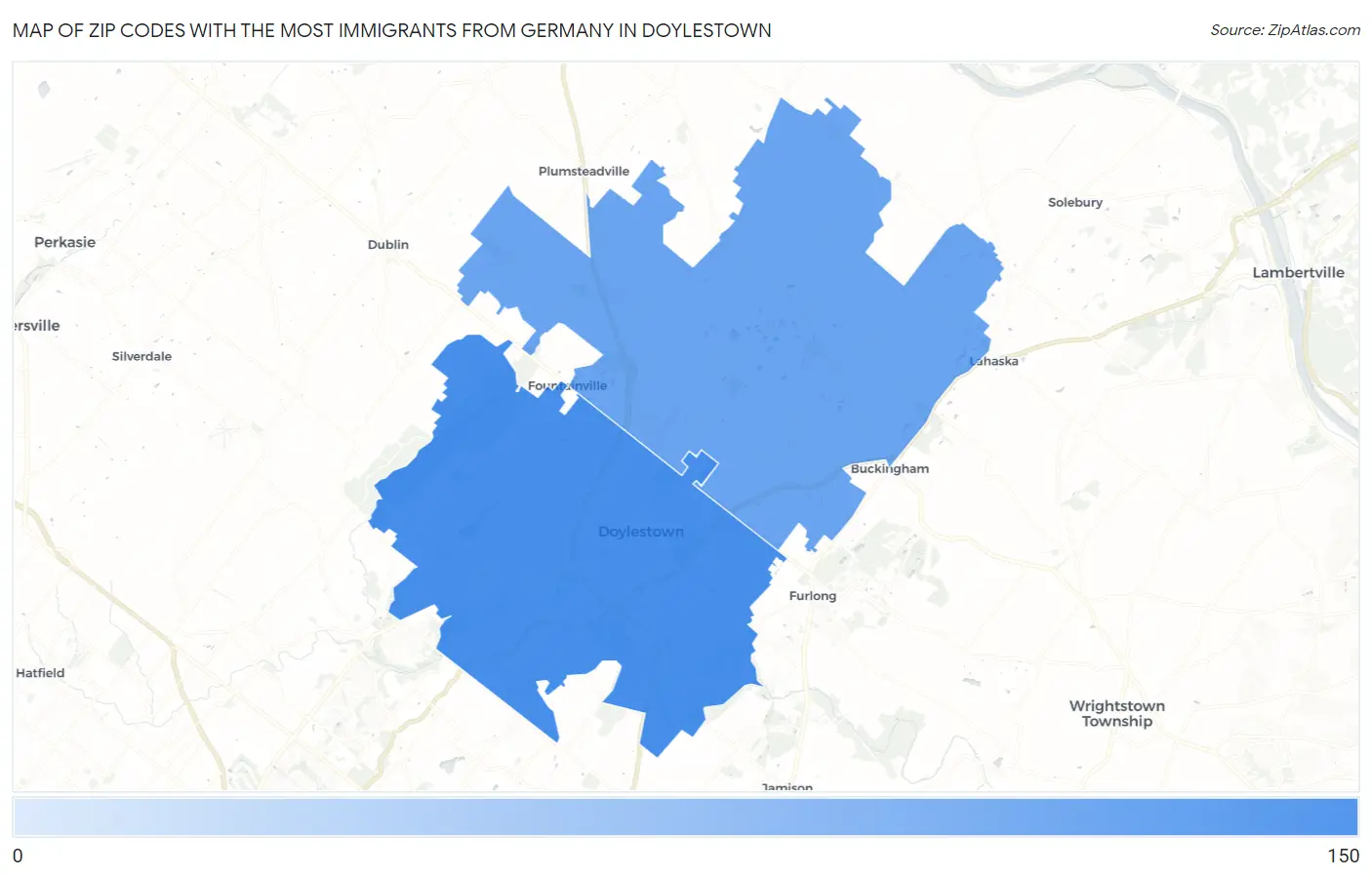 Zip Codes with the Most Immigrants from Germany in Doylestown Map