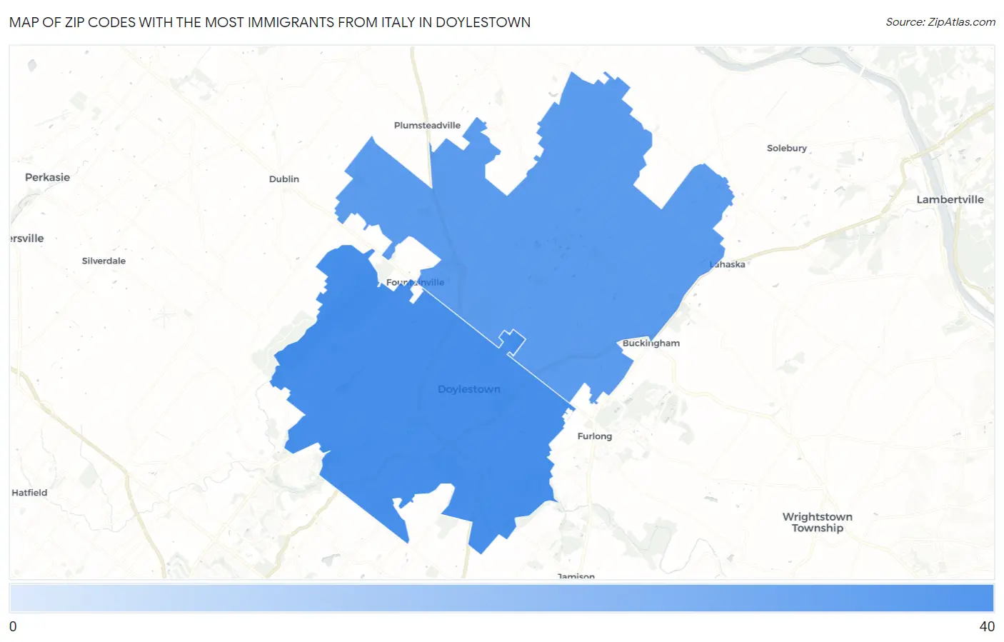 Zip Codes with the Most Immigrants from Italy in Doylestown Map