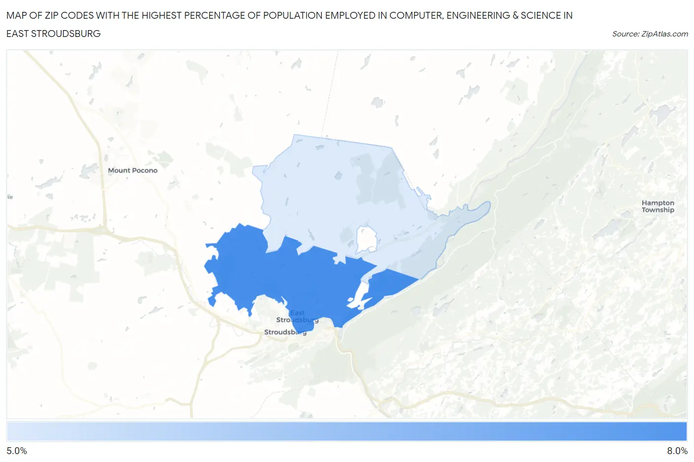 Zip Codes with the Highest Percentage of Population Employed in Computer, Engineering & Science in East Stroudsburg Map