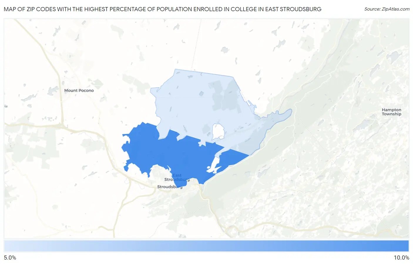 Zip Codes with the Highest Percentage of Population Enrolled in College in East Stroudsburg Map