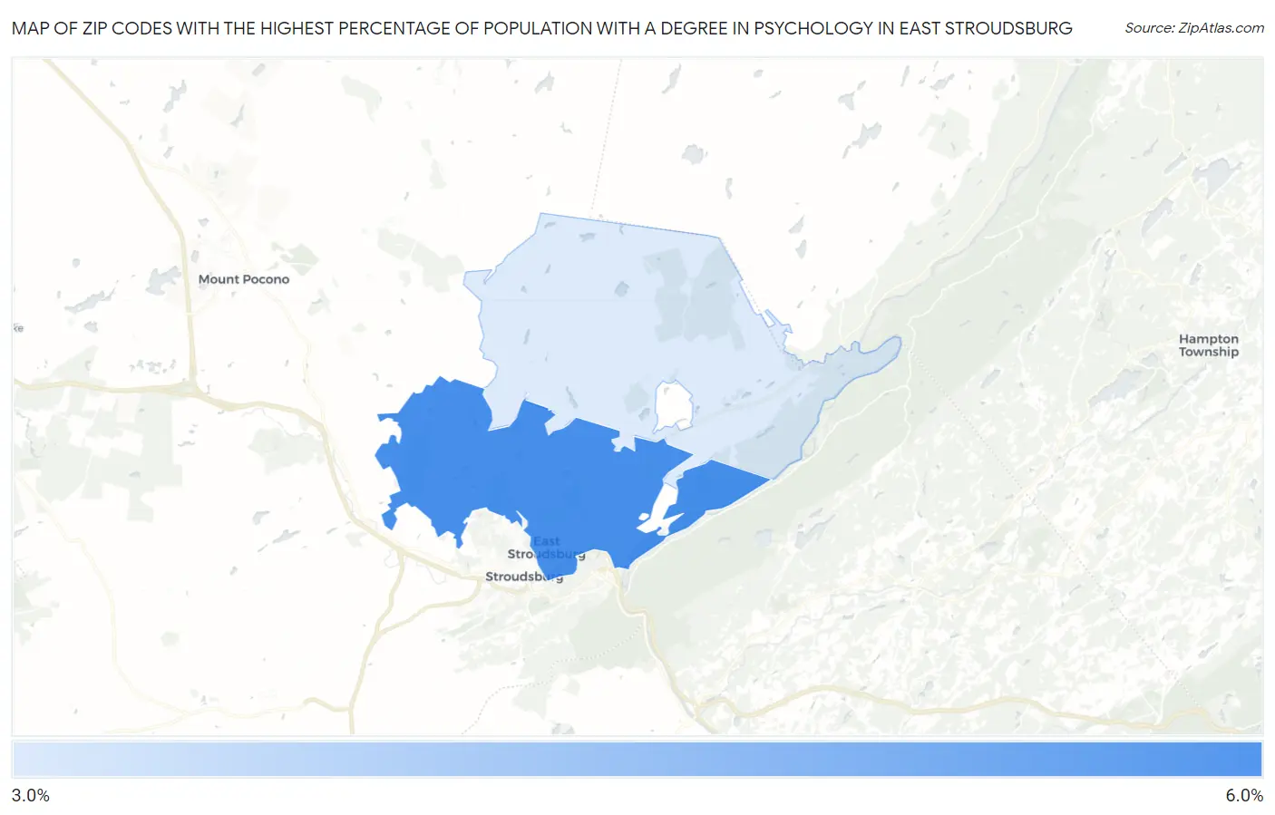 Zip Codes with the Highest Percentage of Population with a Degree in Psychology in East Stroudsburg Map