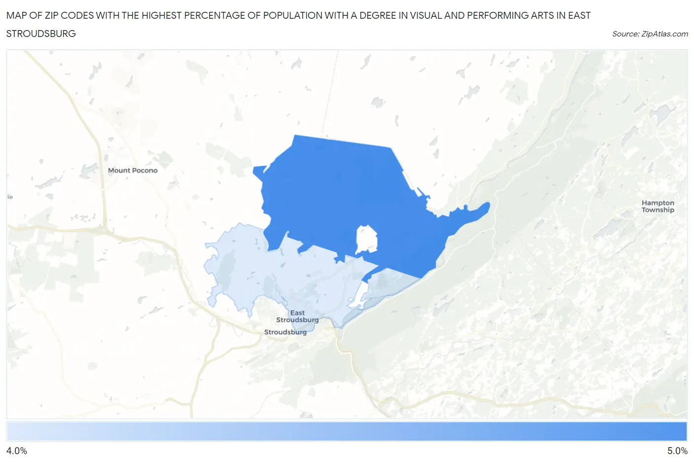 Zip Codes with the Highest Percentage of Population with a Degree in Visual and Performing Arts in East Stroudsburg Map