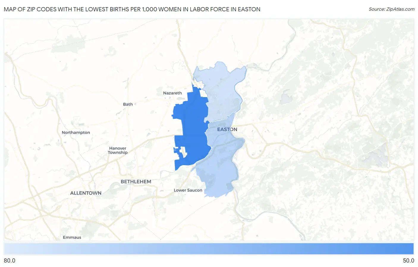 Zip Codes with the Lowest Births per 1,000 Women in Labor Force in Easton Map