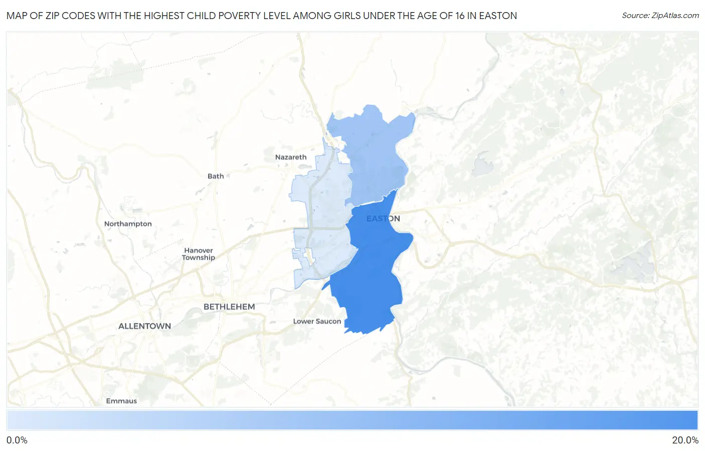 Zip Codes with the Highest Child Poverty Level Among Girls Under the Age of 16 in Easton Map