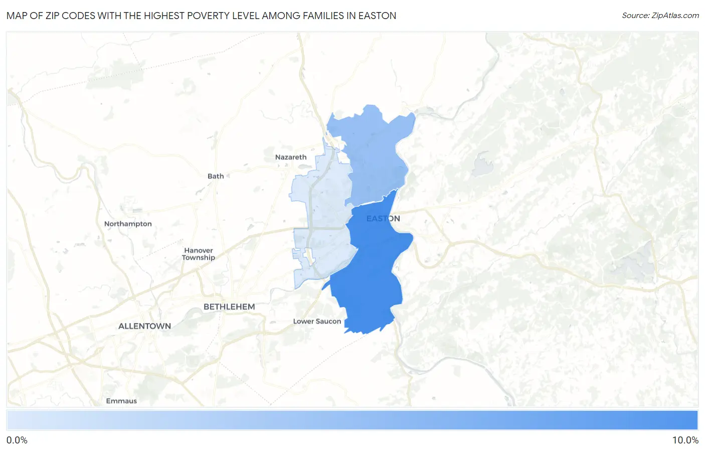 Zip Codes with the Highest Poverty Level Among Families in Easton Map