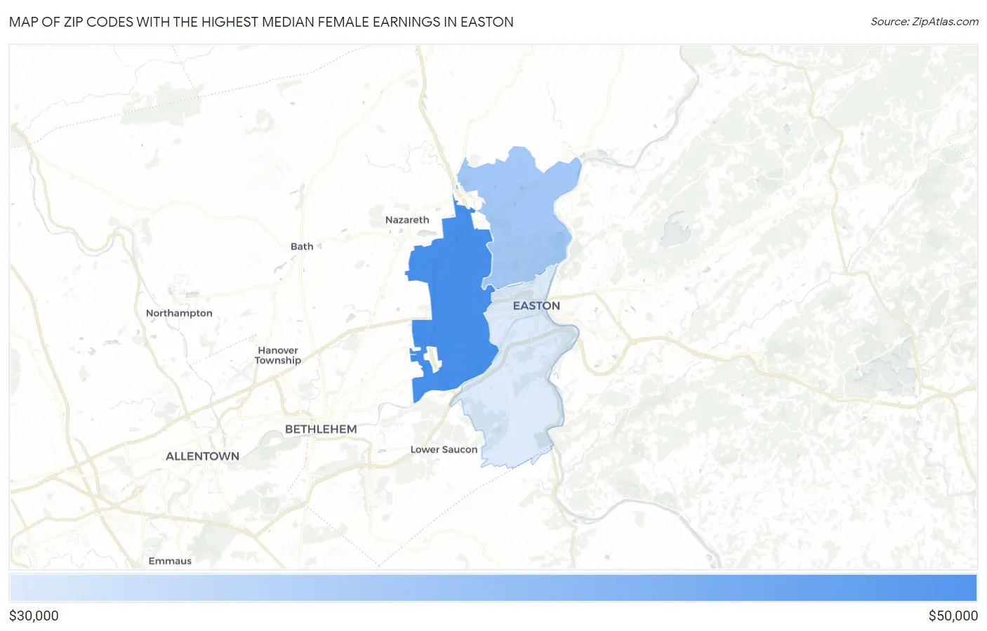 Zip Codes with the Highest Median Female Earnings in Easton Map