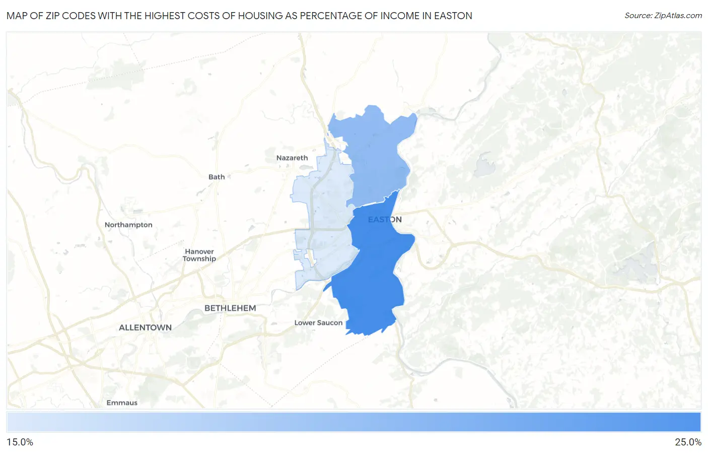 Zip Codes with the Highest Costs of Housing as Percentage of Income in Easton Map
