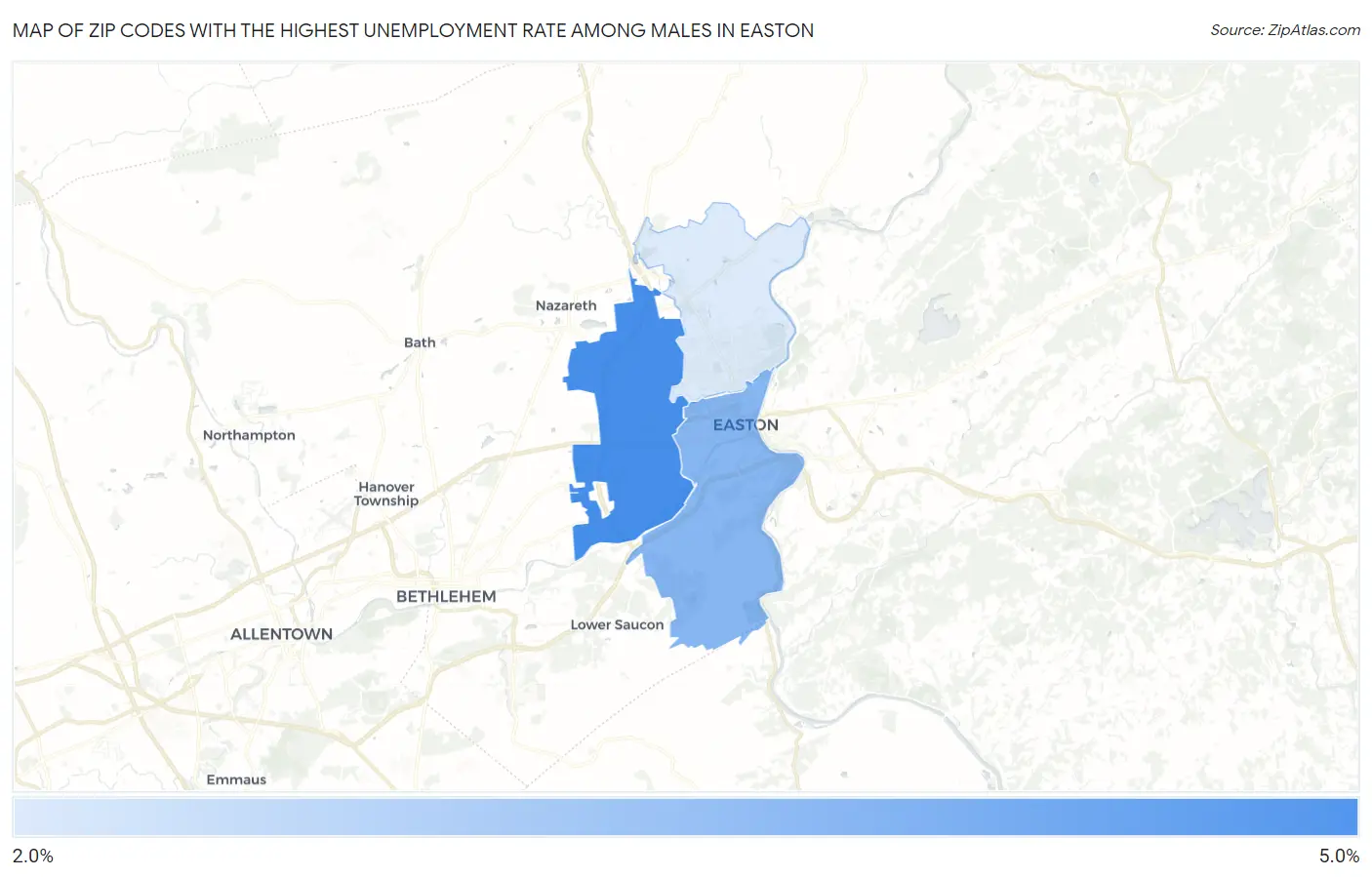 Zip Codes with the Highest Unemployment Rate Among Males in Easton Map