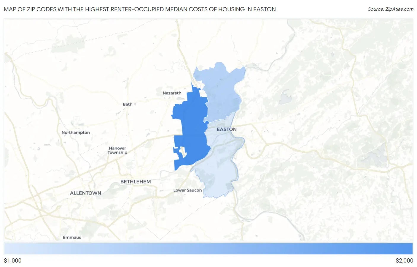Zip Codes with the Highest Renter-Occupied Median Costs of Housing in Easton Map