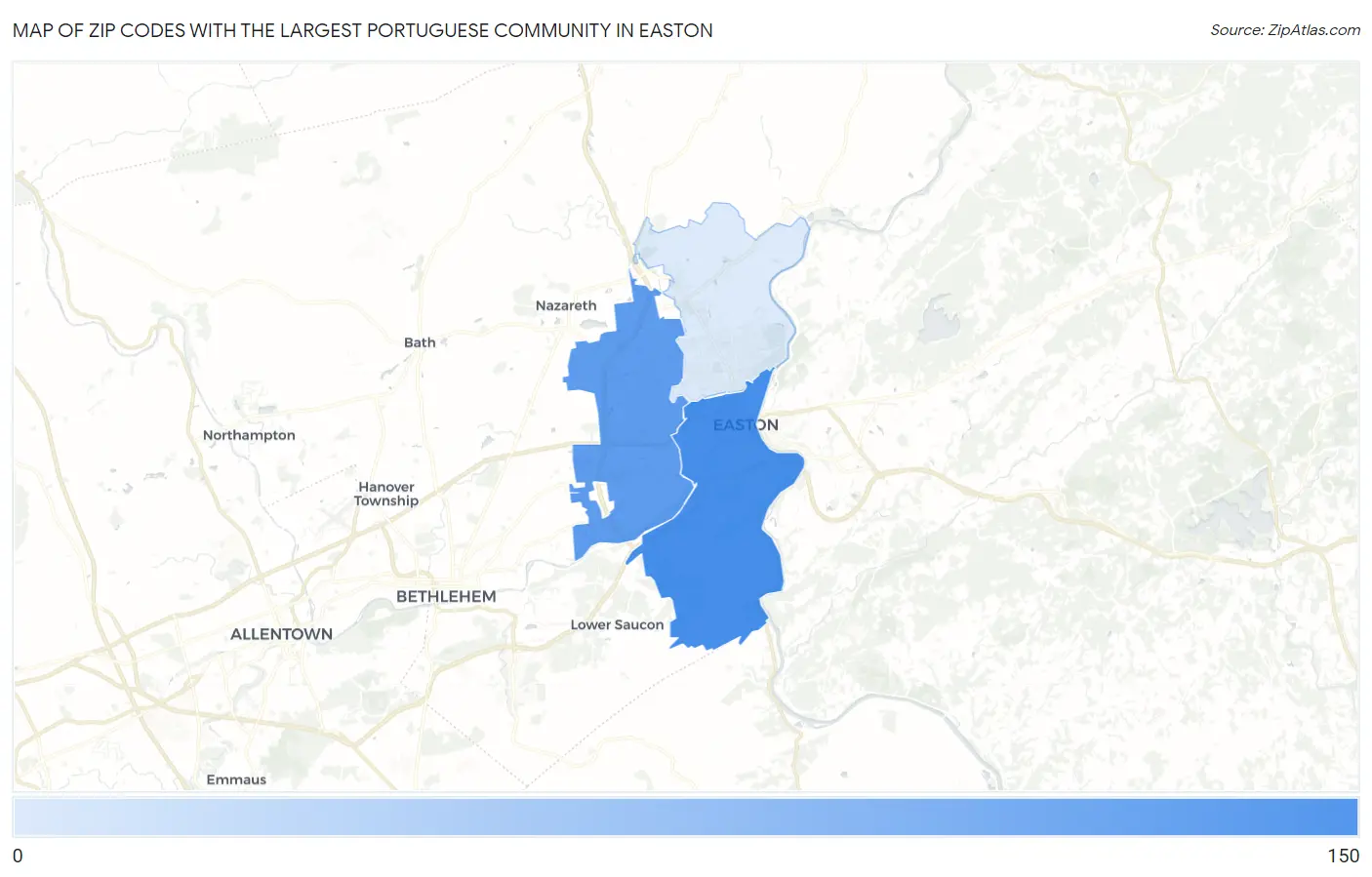 Zip Codes with the Largest Portuguese Community in Easton Map