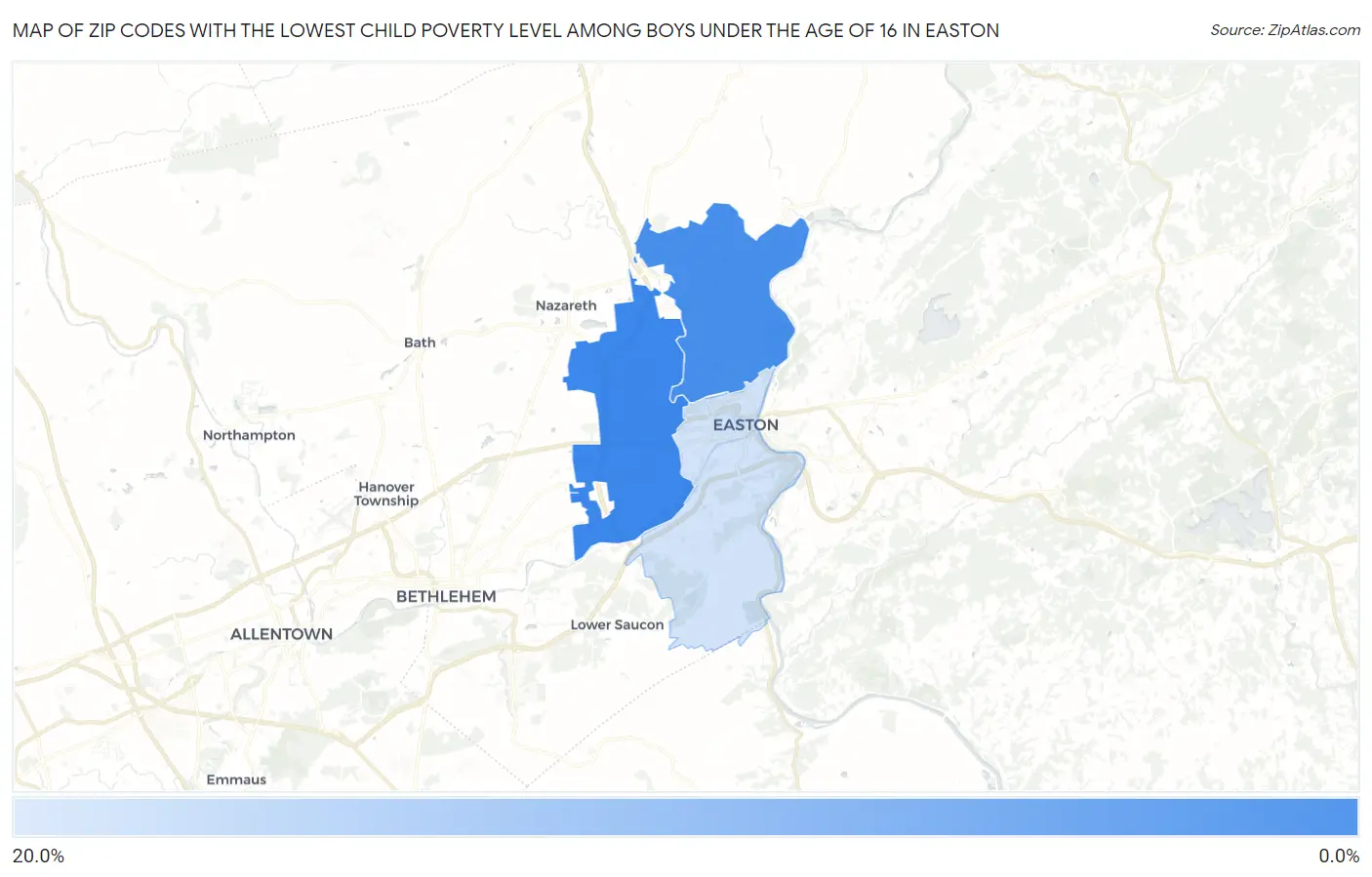 Zip Codes with the Lowest Child Poverty Level Among Boys Under the Age of 16 in Easton Map