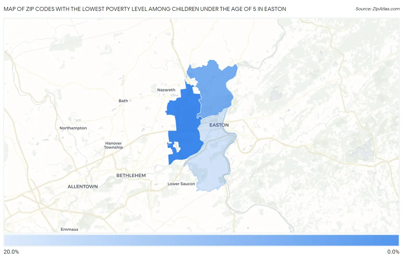 Zip Codes with the Lowest Poverty Level Among Children Under the Age of 5 in Easton Map