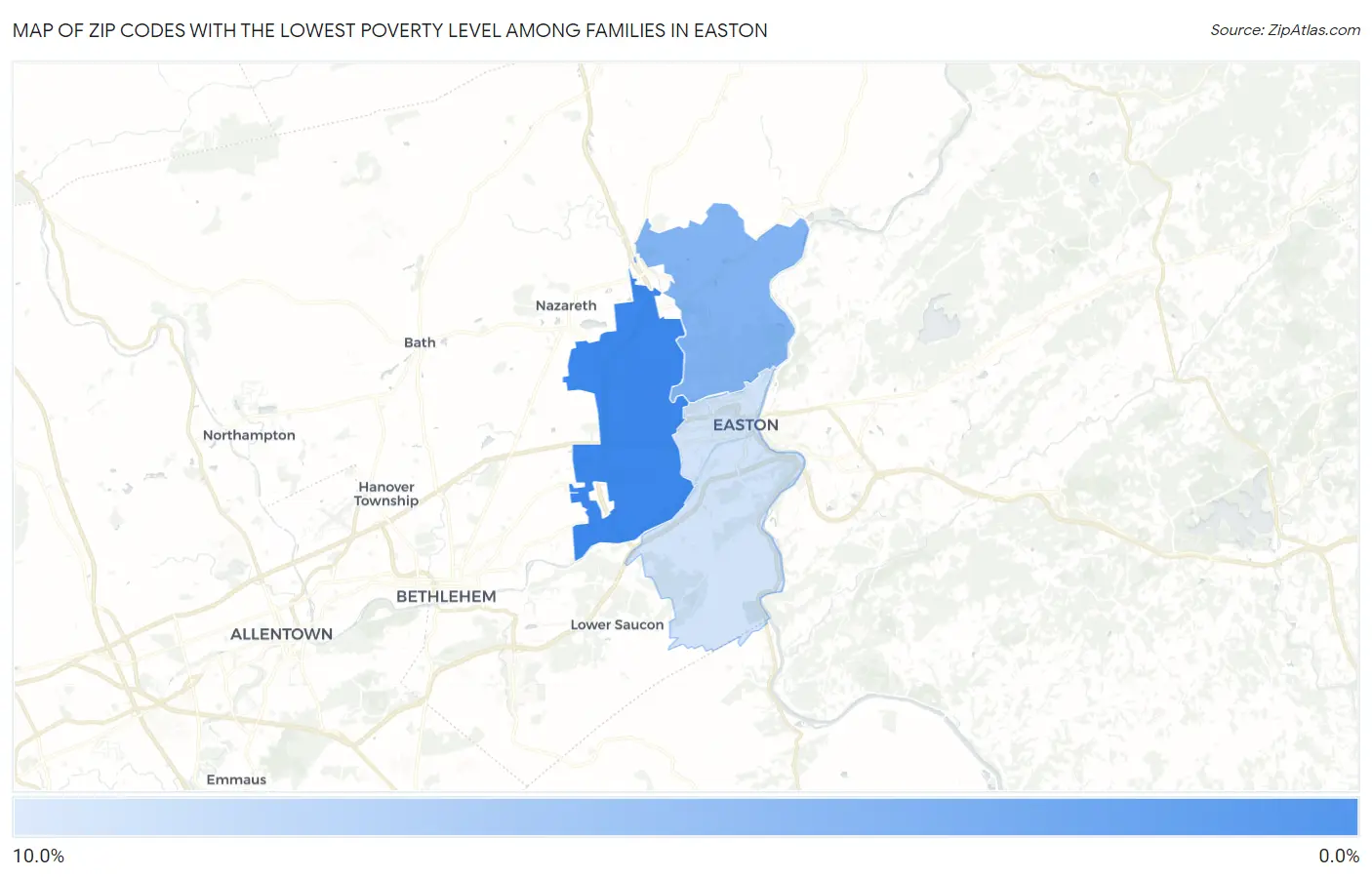 Zip Codes with the Lowest Poverty Level Among Families in Easton Map
