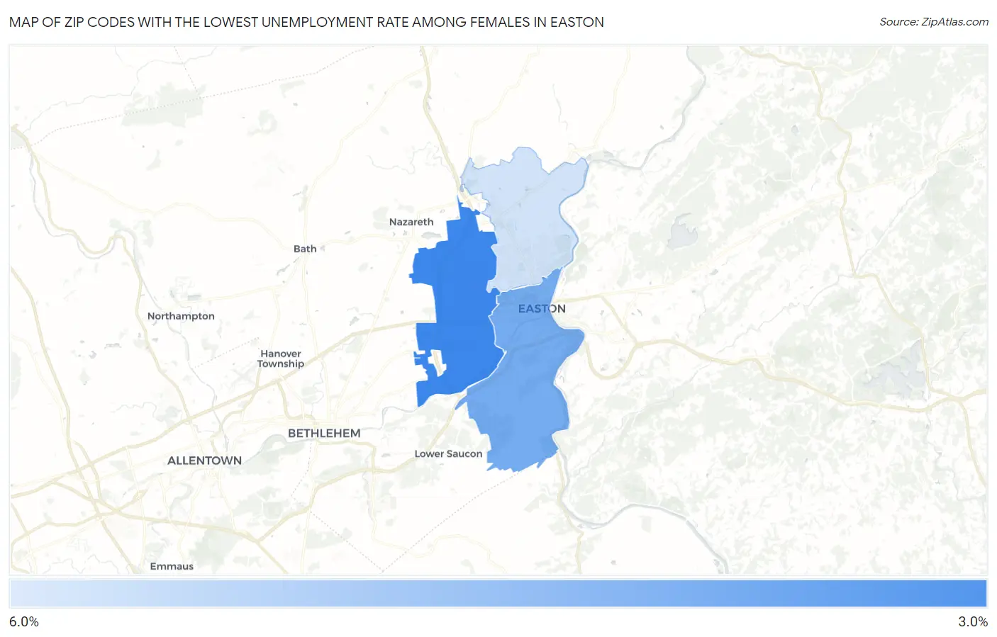 Zip Codes with the Lowest Unemployment Rate Among Females in Easton Map