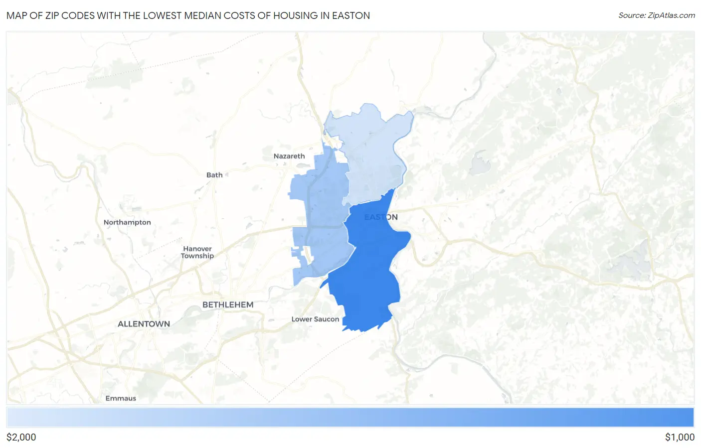 Zip Codes with the Lowest Median Costs of Housing in Easton Map