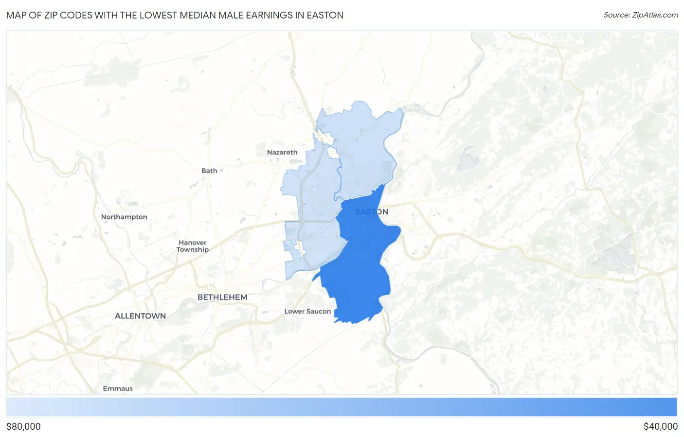Zip Codes with the Lowest Median Male Earnings in Easton Map